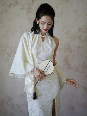"Qianzhi" white embroidered shawl showing thin backless cheongsam bride wedding dress toast engagement - Yandan_Hanfu