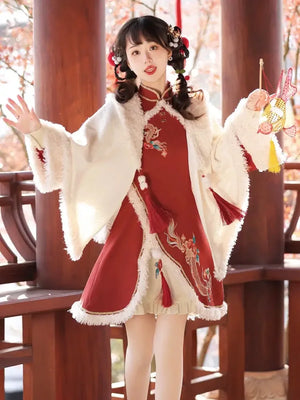 Ode to Longchun Chinese Style Long Cloak Improved Han Element New Year Red New Year's Cloak Long Sleeve Dress - Yandan_Hanfu