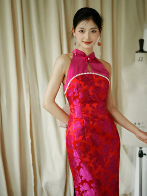 "Chuni" dragon fruit color jacquard cheongsam bride - Yandan_Hanfu