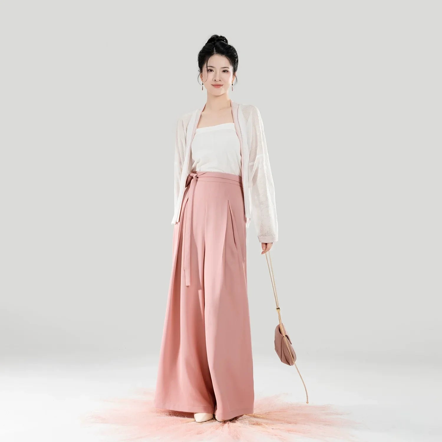 Taoling – Modern Song-Style Hanfu Set with Feather Jacquard & Wide-Leg Pants - Yandan_Hanfu