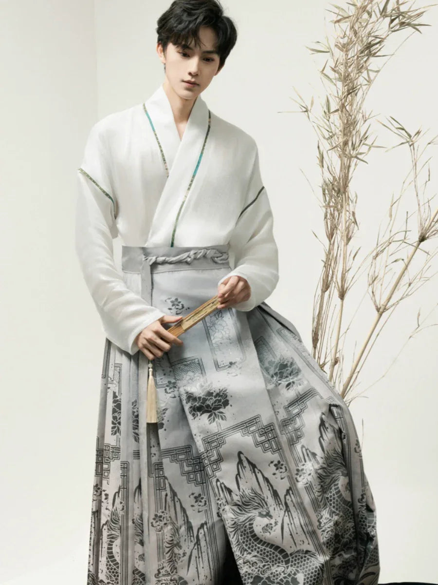Unisex Modern Grey Hanfu Set – Cross-Collar Jacket with Brocade Ma Mian Skirt - Yandan_Hanfu