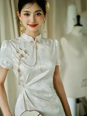 "Kite Butterfly" White Jacquard Cheongsam Bridal Toast Dress Engagement Dress - Yandan_Hanfu