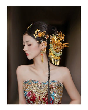 Profile of bride in traditional attire with ornate Chinese butterfly tassel hairpin, showcasing detailed craftsmanship.