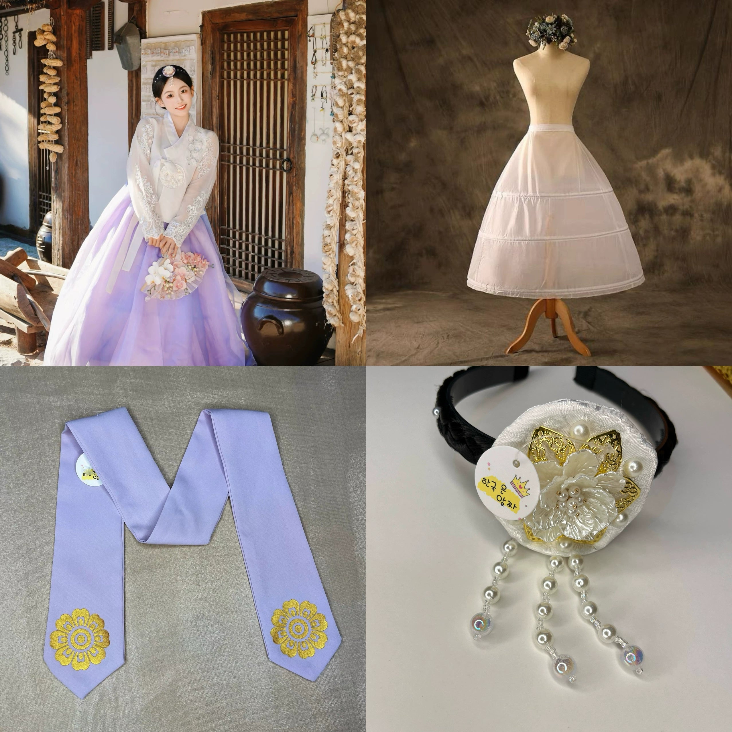 Yellow version of Korean female high-end genuine Yanji court hanbok with floral bouquet, styled in traditional Korean courtyard.