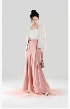 Taoling – Modern Song-Style Hanfu Set with Feather Jacquard & Wide-Leg Pants - Yandan_Hanfu