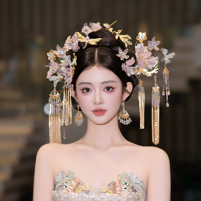 Light Toned Chinese Bridal Hairpin Set – Elegant Floral Headpiece for Hanfu, Qipao