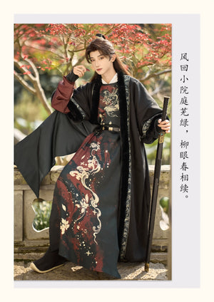 Golden Fish Over the Desert – Tang-Inspired Round Collar Hanfu Coat with Plush Fur Trim (Unisex Winter Set) - Yandan_Hanfu