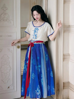 Moonlit Blossoms – Tang Dynasty Inspired Summer Hanfu with Embroidered Round Collar Top & Flowing Skirt - Yandan_Hanfu
