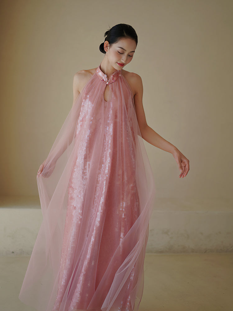 "Bella" pink sequined gauze halter dress bride