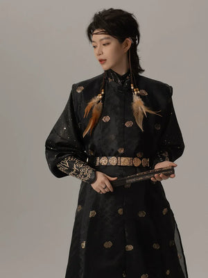 "Wujing 2.0” – Gold-Brocade Round-Collar Robe | Hanfu-Inspired Modern Jacket (Spring/Autumn) - Yandan_Hanfu