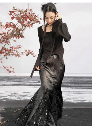 Dark fishtail skirt splicing sequined feather satin skirt - Yandan_Hanfu