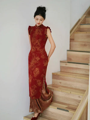 Lotus Step – Red Mermaid Qipao for Wedding, Engagement & Tea Ceremony - Yandan_Hanfu