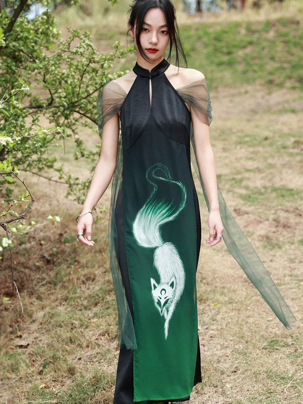 New Chinese Neck Dress Women Summer Retro Splicing Chiffon Fox Printing Improved Cheongsam Skirt - Yandan_Hanfu