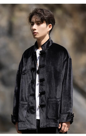 New Chinese Tang style men's button top autumn and winter coat golden velvet - Yandan_Hanfu