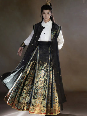 Unisex Hanfu Set – Inlaid Bronze-Inspired Brocade Horse-Face Skirt in Modern Chinese Style - Yandan_Hanfu