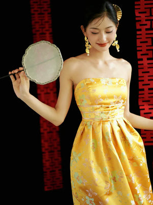 "Yunjing" yellow jacquard pregnant woman cheongsam bride toast dress - Yandan_Hanfu