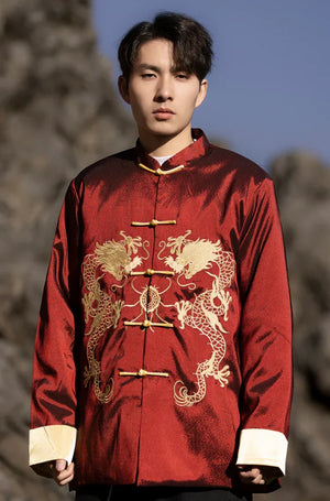 Chinese style dragon pattern embroidery retro Tang suit men's buckle winter cotton-padded jacket - Yandan_Hanfu