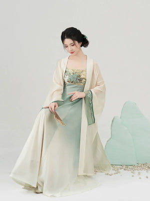 Walking Through Green Hills – Tang-Inspired Hanfu Dress Set with Camisole Gown and Overlap Blouse - Yandan_Hanfu