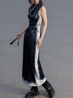 Black&white pearl knitted printed cheongsam new Chinese Y2K Spice Girl sleeveless cheongsam dress - Yandan_Hanfu