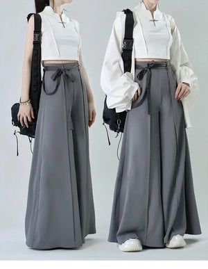 Tied Harmony – Unisex Wide-Leg Pants | New Chinese Style High-Waist Pleated Trousers with Belted Design - Yandan_Hanfu