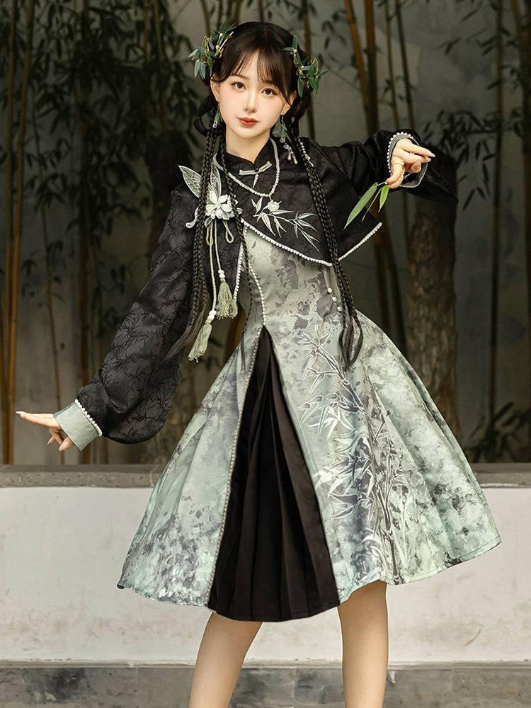 Tobacco bamboo Chinese style Mori girl Han element green lolita cheon top / L