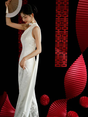 "Pianrou" White Jacquard Ribbon Morning Gown Knot Bridal Toast Dress Engagement Banquet Bar Mitzvah - Yandan_Hanfu