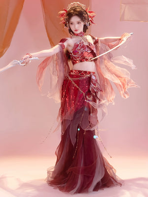 Detailed Red Hanfu female Dunhuang embroidery fairy spring and summer dress with beaded waist and layered chiffon skirt.