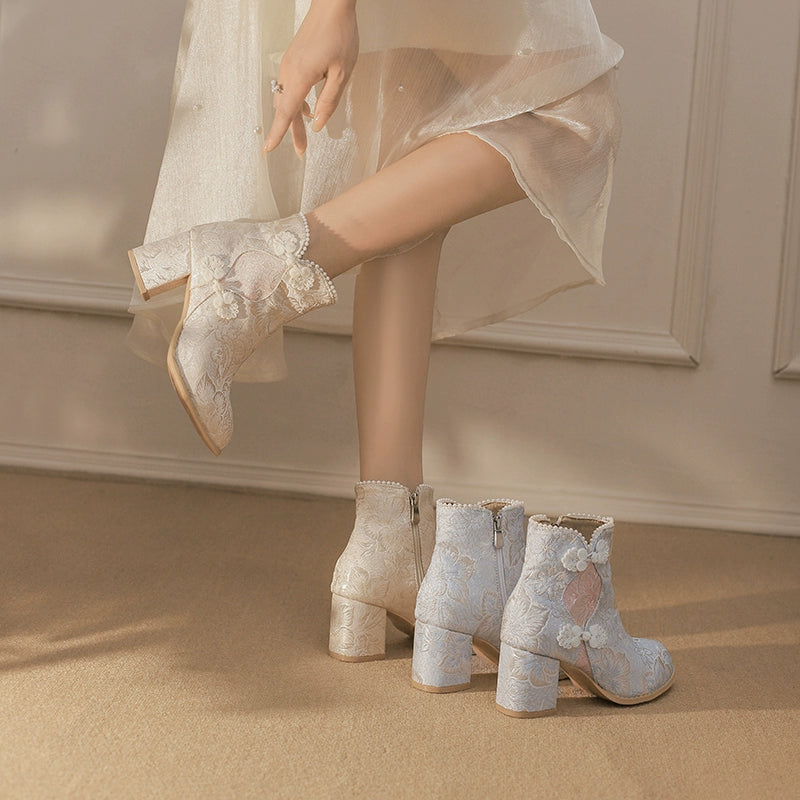 Pearl-Embellished Lift Boots – Modern Oriental Short Ankle Boots for Hanfu & Qipao