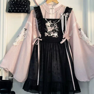 Sweet Rebel Cat – Modern Lolita Hanfu Women's Set | Mandarin Collar Long Robe with Sheer Overlay Skirt - Yandan_Hanfu