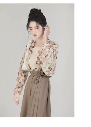 Qianmo Summer Hanfu Set – Song-Style Strap Top, Wide-Sleeve Shirt & Relaxed Pants for Women - Yandan_Hanfu