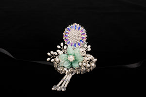 Korean traditional ethnic headgear on black background with detailed crystal and pearl floral arrangement, perfect for Korean princess styling.