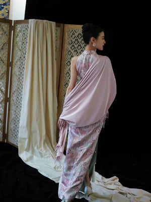"Pink Bell" Pink Jacquard Bell Cheongsam/Qipao Shawl Bridal Dress - Yandan_Hanfu
