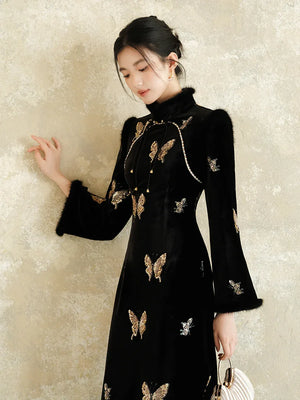 Black & Gold Velvet Cheongsam – Modern Chinese Winter Dress with Butterfly Bead Embroidery - Yandan_Hanfu