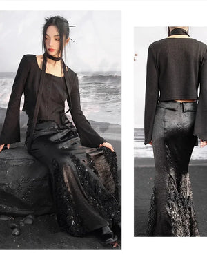 New Chinese Style: Exquisite and elegant sequined feather satin skirt suit with dark fishtail skirt& black flared sweater top - Yandan_Hanfu