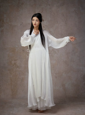 Graceful White Wide-Sleeve Chiffon Hanfu – Classical & Jazz Fusion Dance Dress - Yandan_Hanfu