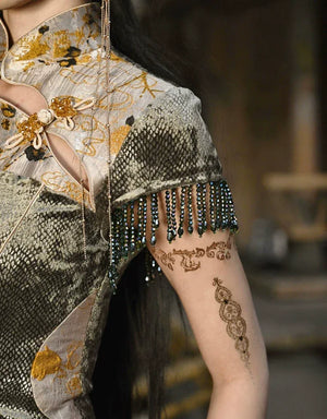 Spring Dragon Festival, Chinese national style disc buckle slim fish tail long slit cheongsam dress - Yandan_Hanfu