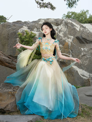 Fairy Hanfu Suit - Women's Summer Set in yellow and blue with flowing gradient skirt and floral embroidery, ideal for traditional summer wear.