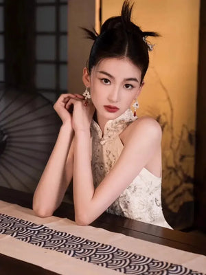 White Engagement Cheongsam Toast Bridal Dress - Yandan_Hanfu