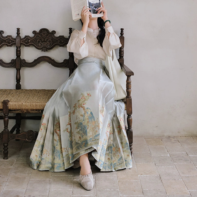 Yu Bai Green & Pink Hanfu Weaving Gold Horse Dress Crane Symphony