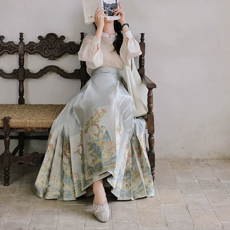 Yu Bai Green & Pink Hanfu Weaving Gold Horse Dress Crane Symphony - Yandan_Hanfu