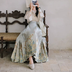 Yu Bai Green & Pink Hanfu Weaving Gold Horse Dress Crane Symphony - Yandan_Hanfu