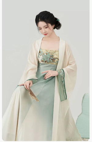 Walking Through Green Hills – Tang-Inspired Hanfu Dress Set with Camisole Gown and Overlap Blouse - Yandan_Hanfu