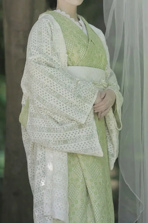 High-end lace Taisho Roman style modified kimono retro dress avocado green - Yandan_Hanfu