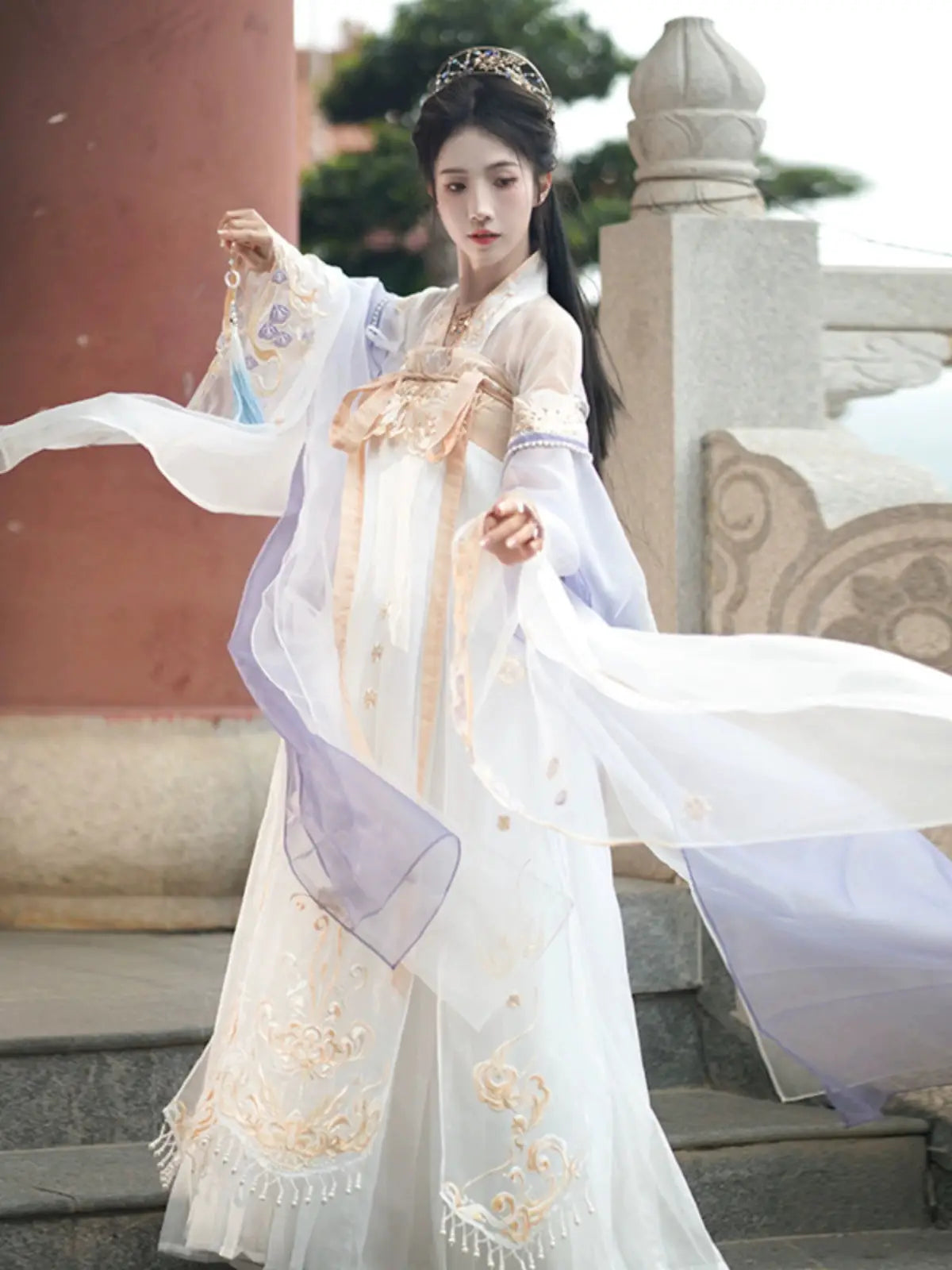 White Hanfu female chest-length spring and autumn Hanfu with flowing lavender sleeves and golden embroidery, styled for daily elegant wear.