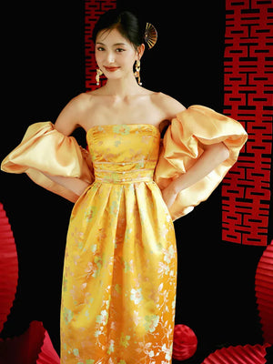"Yunjing" yellow jacquard pregnant woman cheongsam bride toast dress - Yandan_Hanfu