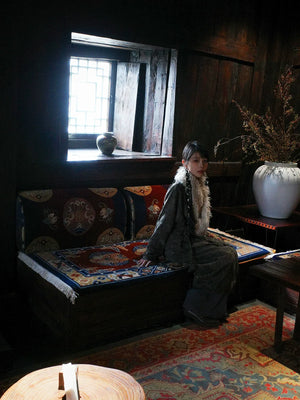 Trench Coat with Detachable Fur Collar | Reimagined Tibetan-Inspired Design - Yandan_Hanfu