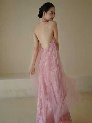 "Bella" pink sequined gauze halter dress bride - Yandan_Hanfu