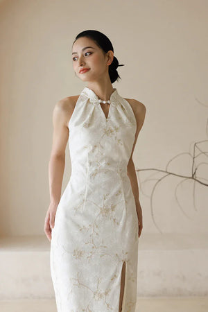 "Qianzhi" white embroidered shawl showing thin backless cheongsam bride wedding dress toast engagement - Yandan_Hanfu