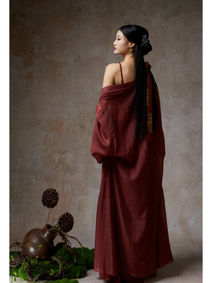Yandan_Hanfu wine red sheer tencel cardigan back view, classical dance attire, studio backdrop