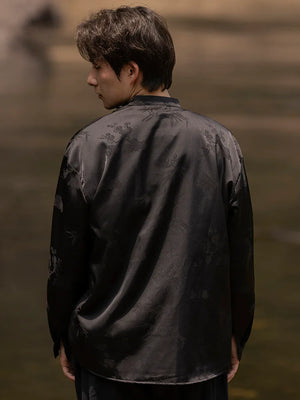 Bamboo leaf print disc buckle Tang suit men's retro Chinese style shirt - Yandan_Hanfu